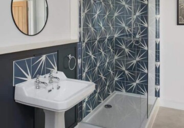 Shower with walk in blue tiles