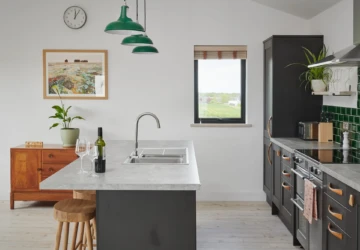 Grain Barn kitchen island with countryside view